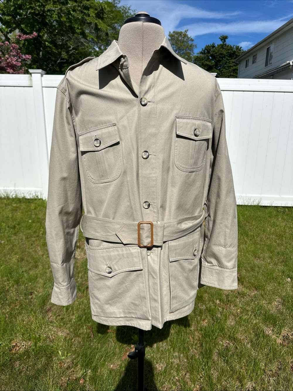 Vtg 80s Banana Republic Beige 4 Pocket Belted Khaki Safari Shirt Jacket Size 44